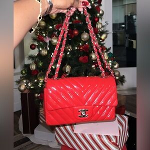 Chanel Single Flap Red Patent Leather Shoulder Bag